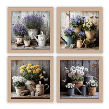 Imagem de Kit 4 quadros 18x18 cm banheiro varanda cozinha flores vaso borboleta - Decoração para Banheiro, Cozinha e Varanda(Carvalho)