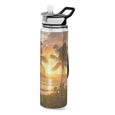 Imagem de Blueangle Garrafa de água esportiva Coconut Palms de 940 ml com tampa de canudo - Garrafas de água reutilizáveis Tritan sem BPA para academia, caminhadas e atividades ao ar livre (172)