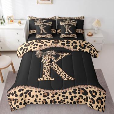 Imagem de Jogo de cama casal com laço de chita africana, 7 peças, para mulheres, meninas e adultos - Cama em uma bolsa, com letra K, laço coquete, estampa de leopardo, conjunto de edredom moderno e moderno