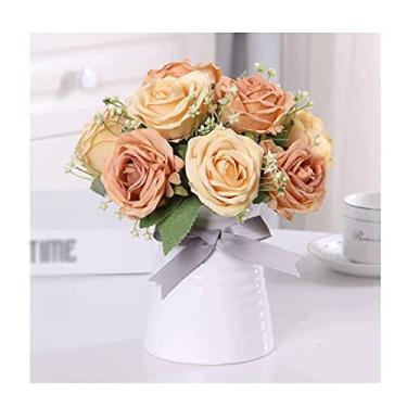 Imagem de LMJYU Flores artificiais para decoração flores artificiais rosas arranjos de flores de seda conjunto de flores artificiais com arranjo de vaso de cerâmica buquê de casamento flores artificiais