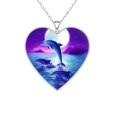 Imagem de Colar com pingente de coração de golfinhos pulando no oceano, cena do oceano com colar de aço inoxidável - presente de Natal, Natal ou aniversário, Adjustable, Aço inoxidável, Zircônia cúbica