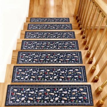 Imagem de KingMang Tapete de escada antiderrapante para degraus de madeira, 15 peças, 20,3 x 76,2 cm, tapete de escada de borracha termoplástica, tapete de escada macio, lavável, reutilizável, para cães e