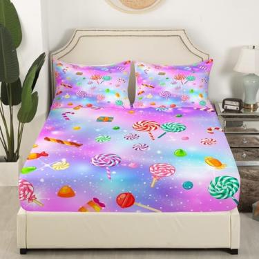 Imagem de Lençol de elástico colorido com tema de pirulito, coleção de céu rosa bule degradê, tecido decorativo macio, bolso profundo para crianças, adolescentes, meninos e meninas, com 2 fronhas