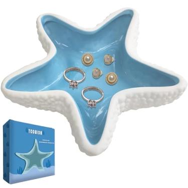 Imagem de YODWIDM Bandeja de joias de cerâmica estrela do mar concha azul suporte de joias com concha do mar, bandeja de joias anel suporte de prato oceano decoração costeira bandeja decorativa tigela chave