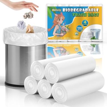 Imagem de Sacos de lixo brancos biodegradáveis para cozinha - sacos de lixo pequenos sem cheiro 4 galões compostável reciclagem a granel 100 unidades saco de lata para escritório, banheiro, banheiro Heihaily