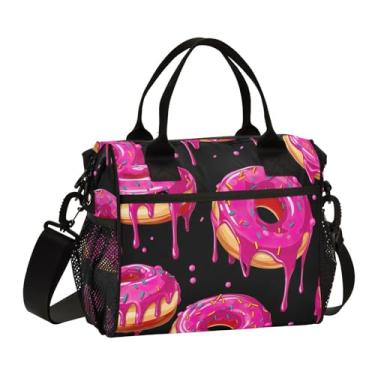 Imagem de GAIGEO Rosquinhas rosa em lancheira isolada preta com alças, lancheiras pequenas, lancheira para escola, P