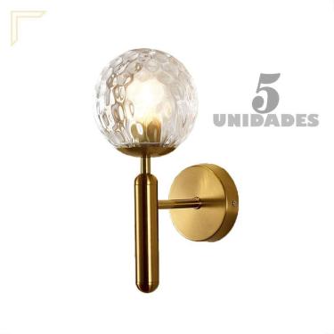 Imagem de 5 Arandela Dourada Bola Vidro Ondulado Transparente Lup57