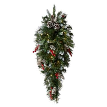 Imagem de National Tree Company Lágrima artificial de Natal pré-iluminada flocada com decorações mistas e luzes LED brancas, 91 cm, frutas foscas