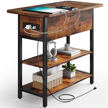 Imagem de Mesa de canto Yoobure com estação de carregamento, mesa lateral com tampo dobrável, entradas USB e tomadas, mesa de cabeceira/sofá estreita com prateleiras para espaços pequenos, quarto, sala de estar