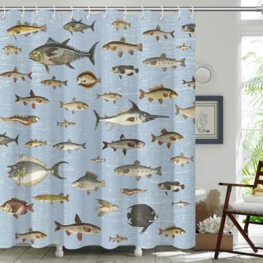 Imagem de TSLOVER Cortinas de chuveiro de peixe azul vintage, cortinas de banho de pesca de truta salmão para crianças, tecido de poliéster impermeável engraçado decoração de banheiro com tema oceano, 182 x 182