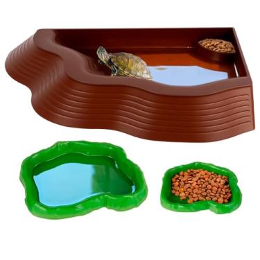 Imagem de DJAPWPX Conjunto de 3 pratos de água de tartaruga com rampa, tigela de água para comida de tartaruga, prato de alimentação para piscina de réptil, acessórios de habitat de aquário (G)