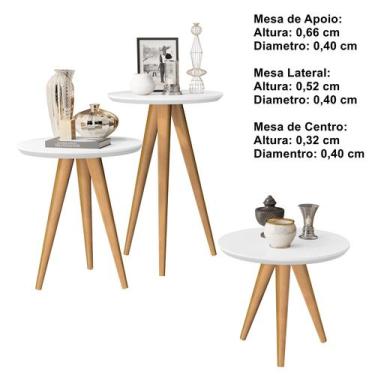 Imagem de Jogo 3 mesas retrô pés palito, centro, lateral e apoio sala branco - C