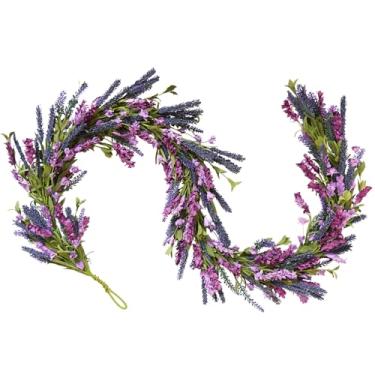 Imagem de Egolot Guirlanda de flores de lavanda roxa para manto e lareira, guirlanda de primavera e verão de 178 cm para decoração de casamento na porta da frente, estilo rústico para uso interno e externo