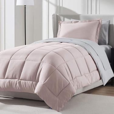 Imagem de Nestl Conjunto de edredom solteiro de 7 peças – Cama reversível rosa blush em uma bolsa – Conjunto completo de cama de solteiro com lençóis, travesseiros alternativos, fronhas e fronhas