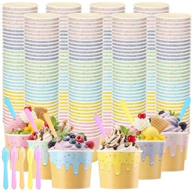 Imagem de Jingmore 120 peças de copos de sorvete de papel a granel com colheres tigelas descartáveis de sorvete de papel para sobremesa, lanche, sopa de iogurte, suprimentos de festa de verão (170 g)