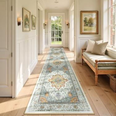 Imagem de RELEANY Tapetes de área 6 x 30 cm, lavável, antiderrapante, estampa floral, vintage, tapete medalhão para sala de estar, quarto, sala de jantar, amarelo claro, cinza carbono laranja