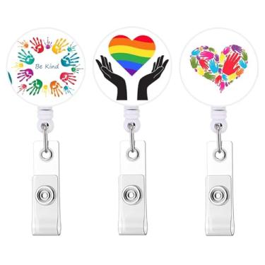 Imagem de Carretel de crachá retrátil bonito porta-crachá com clipe de jacaré resistente para enfermeira decorativo carretel de crachá clipe em porta-cartões (pacote com 3 mãos coloridas e amor, seja gentil)