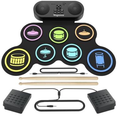 Imagem de Conjunto de bateria eletrônica de 7 pads para crianças, kit de bateria elétrica portátil com alto-falante e fone de ouvido integrados, conjunto de bateria infantil para iniciantes de 3 a 5 anos com