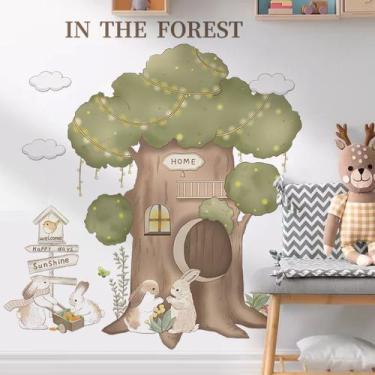 Imagem de Adesivos de parede Cartoon Forest Tree com luz LED de coelhinhos fofos