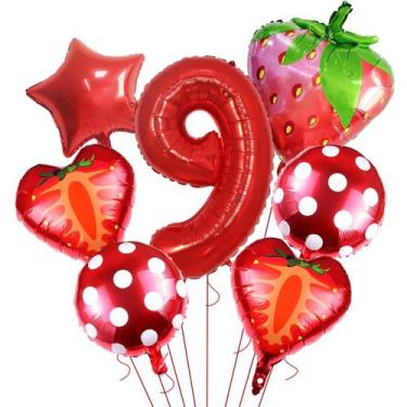 Imagem de Kit de balões para festa de 9 anos com tema de morango x7 - yiweisai
