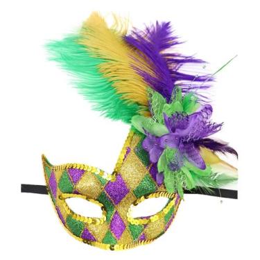 Imagem de Máscara emplumada Mardi Gras, lantejoulas coloridas, design floral, PV