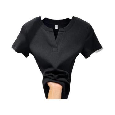 Imagem de Camisetas Femininas Slim Fit Com Decote Em V E Listras, Moda De Verão,