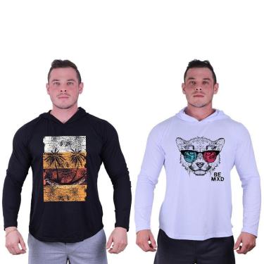 Imagem de Kit 2 Camisetas Manga Longa com Touca Longline Estampada Treino Academia Lazer Casual-Masculino