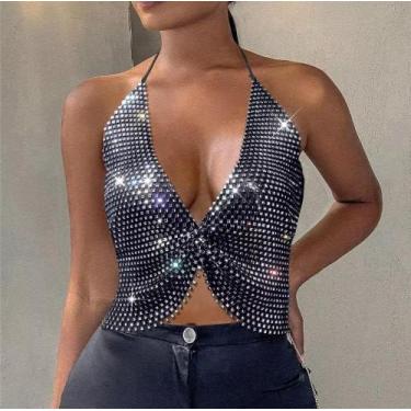 Imagem de B0423- Blusa Top Cropped Bordado Brilho Festa Balada Carnaval Sexy - X