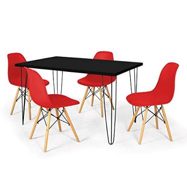 Imagem de Conjunto Mesa de Jantar Hairpin 130x80 Preta com 4 Cadeiras Eames Eiffel - Vermelho