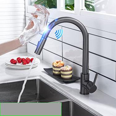 Imagem de Filtro de toque dourado Torneira de cozinha Quente Frio Pia de cozinha Torneira misturadora de pia de cozinha Sensor purificador de água potável Torneiras de mistura de cozinha, 70, toque, cinza