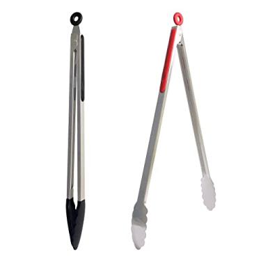 Imagem de UPTALY Pinças de grelha extra longas de 45 cm (1 peça vermelha/prata, 1 peça preta), pinças de churrasco de aço inoxidável com cabo longo, pegador de comida de tamanho grande, pegador de bife, pegador de servir estendido