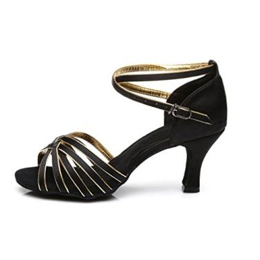 Imagem de Jfkstore Sapatos femininos de dança de salão salsa tango latino, Preto e dourado, 39 BR