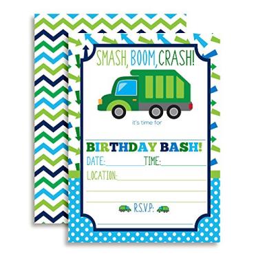 Imagem de Convites para festa de aniversário de caminhão de lixo para meninos, 20 cartões de preenchimento de 12,7 cm x 17,7 cm com vinte envelopes brancos da AmandaCreation