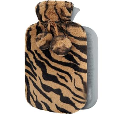 Imagem de Garrafa de água quente com capa de pelúcia macia bolsa de água quente para compressas quentes e frias, aquecedor de pés de mão, ideal para cólicas menstruais, alívio da dor no pescoço e ombro, marrom, 1800 ml