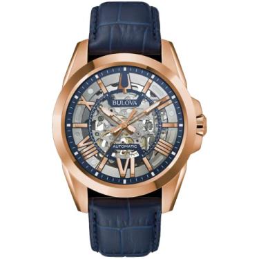 Imagem de Bulova Relógio masculino Sutton automático de aço inoxidável com pulseira de couro, azu...