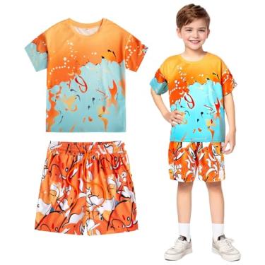 Imagem de Little Bitty Conjunto de camisetas e shorts de verão para meninos e crianças, estampa abstrata, vibrante, 2 a 7 anos, Laranja e azul, 5Y