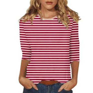 Imagem de Camisetas femininas listradas colorblock manga 3/4 comprimento gola redonda blusas casuais moda verão 2024 moda túnica elegante, X1 rosa choque, XXG
