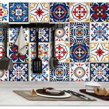Imagem de Papel de Parede Estilo Azulejo Ladrilho Hidráulico em Tons Coloridos Adesivo Lavável Cozinha Criativa