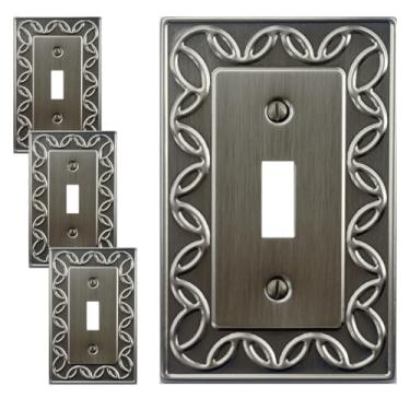 Imagem de OKAWYC Placa de cobertura de interruptor de luz de interruptor único, pacote com 4 unidades de estanho escovado de cetim antigo níquel NovaBloom placa de parede de metal 1 gangue, para capa de