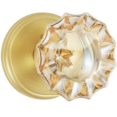 Imagem de SHINY HANDLES Maçanetas de vidro champanhe, maçanetas de porta de cristal de privacidade interior em latão acetinado/maçaneta dourada escovada com trava