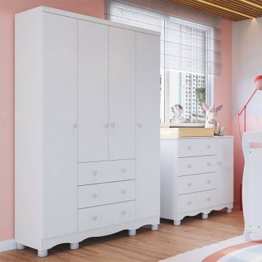 Imagem de Quarto Infantil com Guarda-Roupa 4 Portas e Cômoda 1 Porta 100% MDF Mimo Espresso Móveis Branco Brilho
