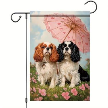 Imagem de Starlit Patio Bandeira de jardim primavera verão floral cavaleiro rei Charles Spaniels bandeira jardim flor cão bandeiras para fora pequenas bandeiras de boas-vindas ao ar livre 12x18 dupla face