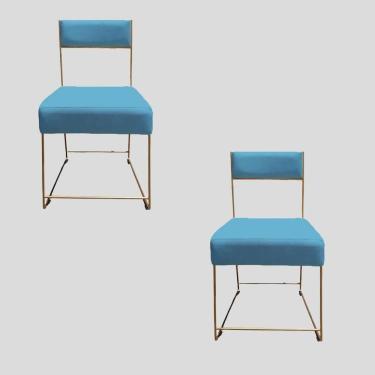 Imagem de Kit 02 Cadeiras Atena Base De Ferro Maciço Dourada Suede Azul Tiffany D`classe Decor