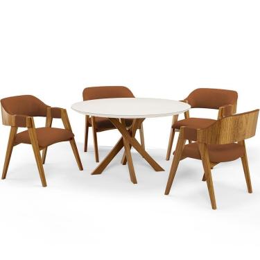 Imagem de Mesa De Jantar Redonda Cora 120cm Off White M04 Com 04 Cadeiras Living Suran Bouclê Terracota - Lyam