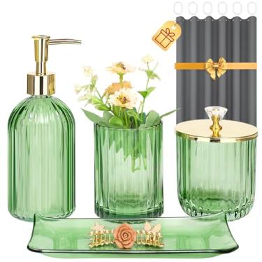 Imagem de Haturi Conjunto De Acessórios Para Banheiro, 4 Peças, Completo Vidro Verde Com Dispensador Sabonete Líquido, Porta-Escovas Dentes, Bandeja Penteadeira Cotonete, Decoração Dourada, Presente Casa E Ap