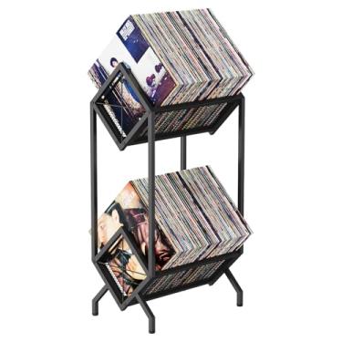 Imagem de YINMIT Suporte de armazenamento de discos de vinil, organizador de vinil 160-200 LP, suporte de armazenamento de álbuns, prateleiras de exibição de disco de metal, suporte de álbum de montagem rápida
