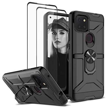 Imagem de Jeylly Capa TCL Revvl 5G com [2 unidades de protetor de tela de vidro temperado], anel de metal giratório de 360 graus com suporte híbrido rígido PC macio TPU à prova de choque capa protetora para TCL Revvl 5G, preta