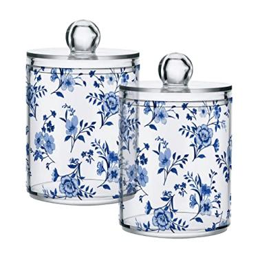 Imagem de Kigai Organizador De Cotonetes, Flores Silvestres Azuis, Suporte Para Dispensador Com Tampa, Conjunto Potes Boticário, 2 Latas Plástico Transparente Reutilizáveis Alimentos Secos