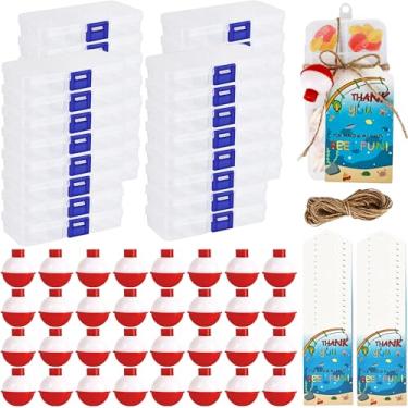 Imagem de Swakuta Conjunto de 32 caixas de doces de lembrancinhas de festa de pesca com 32 bobinas vermelhas e brancas, 32 cartões de agradecimento e barbante de juta de 20 m para tema de pesca, artigos de