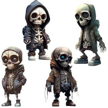 Imagem de QSLWcos 4pcs Mini Skeleton Figurines Small Skulls Action Figure Halloween Resin Gnome Statue Cute Cool Home Desk Office Decor